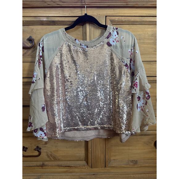 Free People Shimmy Shake Floral Sequin Top In Champagne XS - Picture 1 of 6
